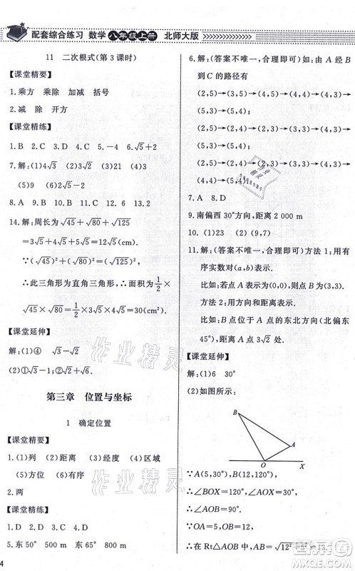 北京师范大学出版社2021数学配套综合练习八年级上册北师大版答案