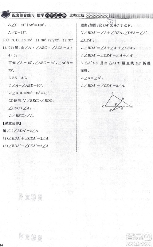 北京师范大学出版社2021数学配套综合练习八年级上册北师大版答案 北京师范大学出版社2021数学配套综合练习八年级上册北师大版答案