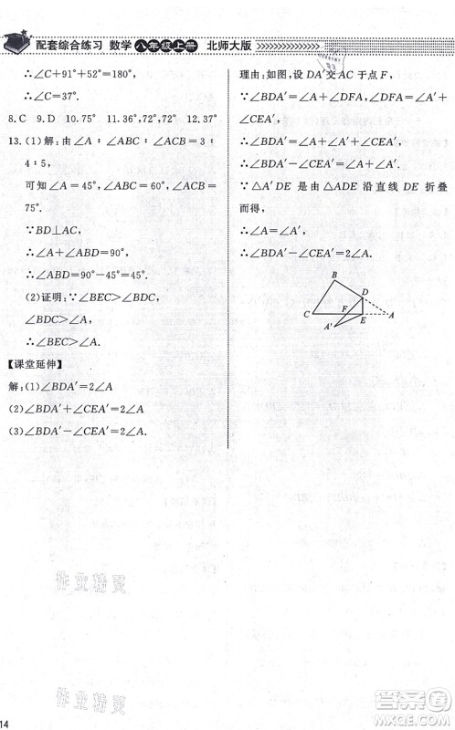 北京师范大学出版社2021数学配套综合练习八年级上册北师大版答案