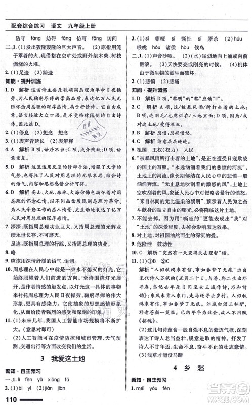 北京师范大学出版社2021语文配套综合练习九年级上册人教版答案