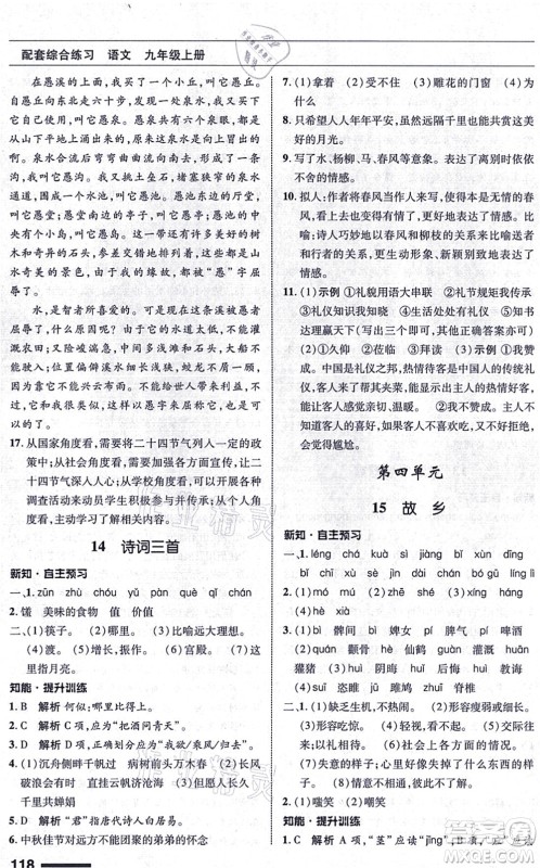 北京师范大学出版社2021语文配套综合练习九年级上册人教版答案 北京师范大学出版社2021语文配套综合练习九年级上册人教版答案