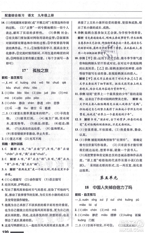 北京师范大学出版社2021语文配套综合练习九年级上册人教版答案 北京师范大学出版社2021语文配套综合练习九年级上册人教版答案
