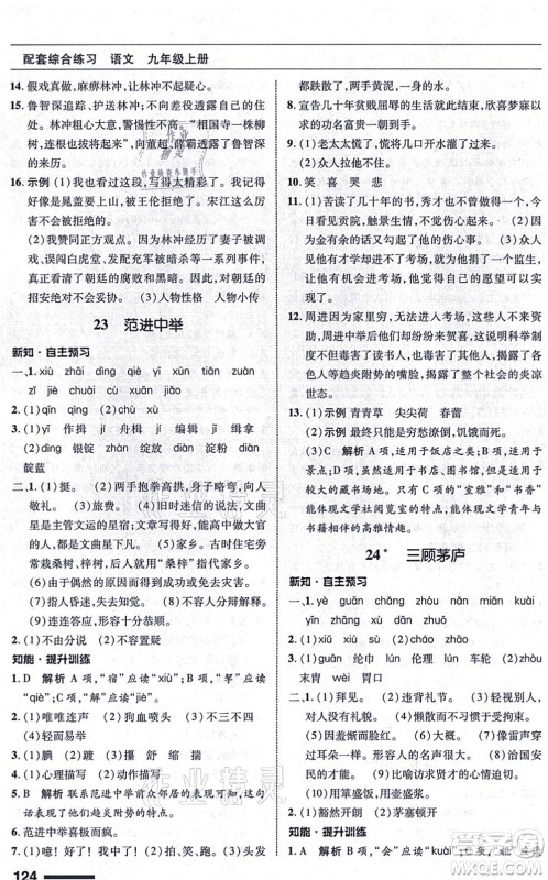 北京师范大学出版社2021语文配套综合练习九年级上册人教版答案