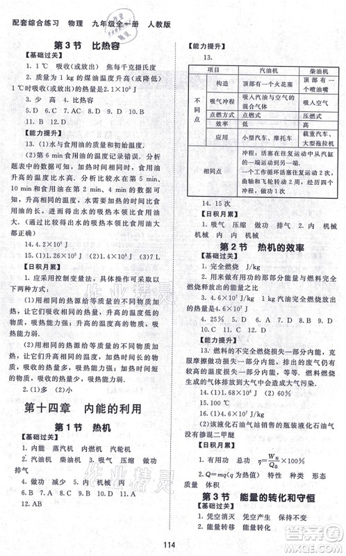 北京师范大学出版社2021物理配套综合练习九年级全一册人教版答案