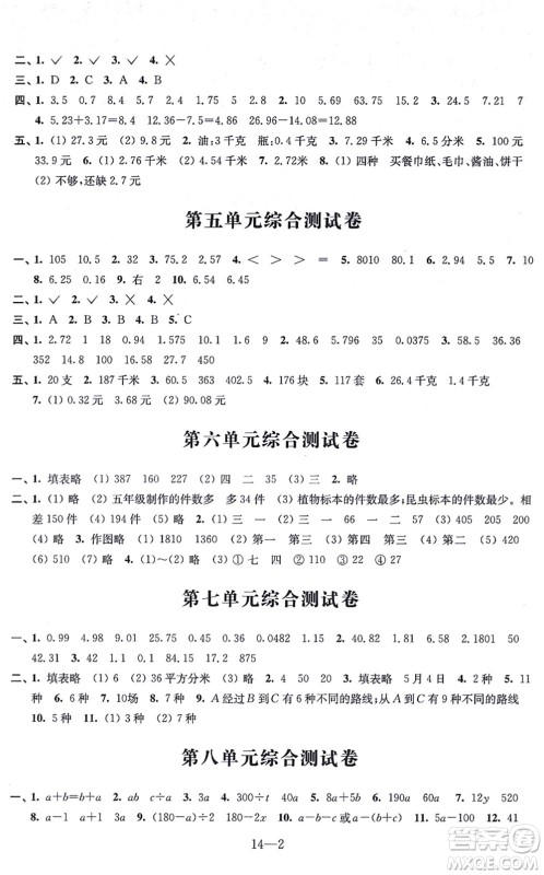 江苏凤凰科学技术出版社2021同步练习配套试卷五年级数学上册人教版答案 江苏凤凰科学技术出版社2021同步练习配套试卷五年级数学上册人教版答案