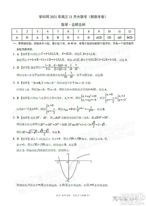 学科网2021年高三11月大联考新高考卷数学试题及答案