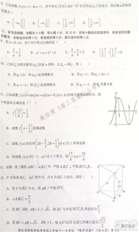 2021年湖北省新高考协作体高三年级十一月考试数学试题及答案