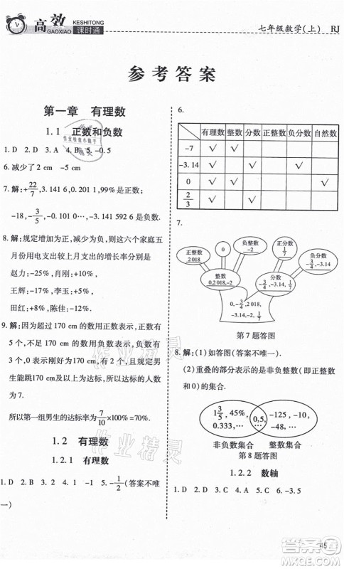 开明出版社2021高效课时通10分钟掌控课堂七年级数学上册RJ人教版答案