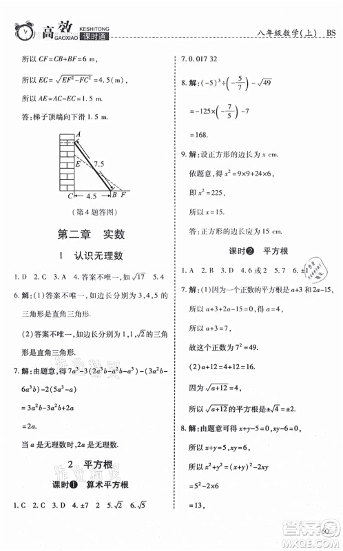 开明出版社2021高效课时通10分钟掌控课堂八年级数学上册BS北师版答案