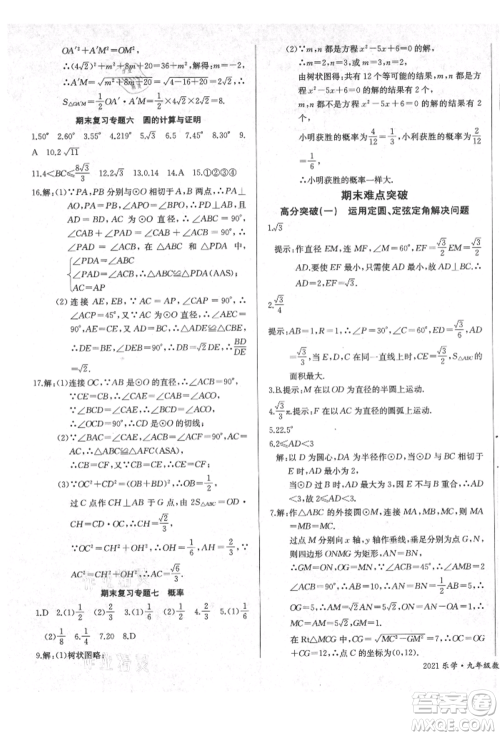 长江少年儿童出版社2021乐学课堂课时学讲练九年级上册数学人教版参考答案