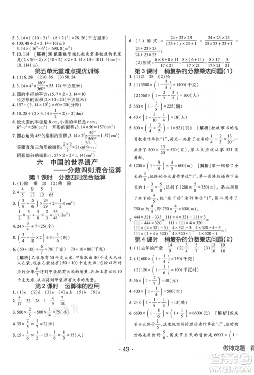 新疆青少年出版社2021同行课课100分过关作业六年级数学上册青岛版参考答案