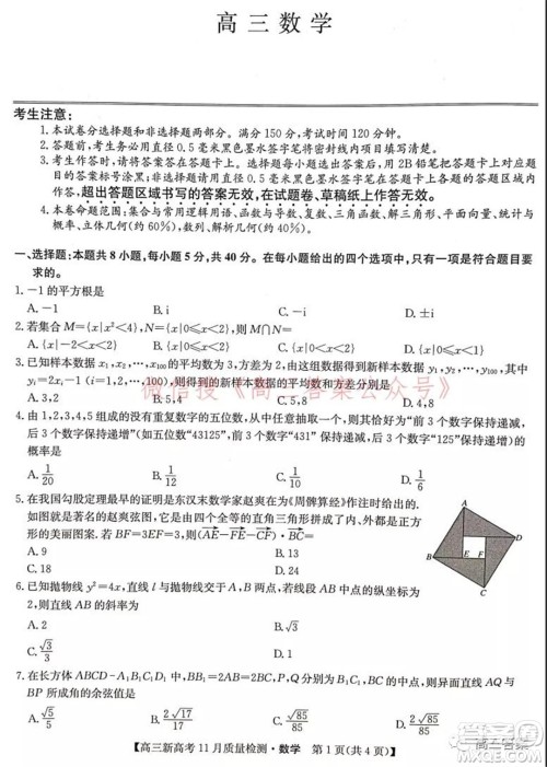 2022届九师联盟高三新高考11月质量检测数学试题及答案