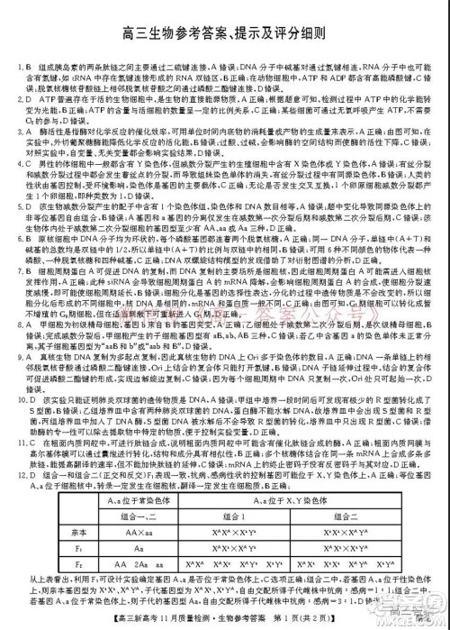 2022届九师联盟高三新高考11月质量检测生物试题及答案