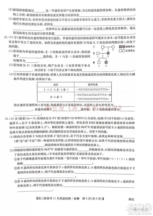 2022届九师联盟高三新高考11月质量检测生物试题及答案