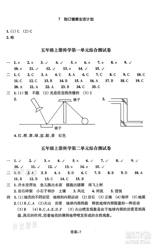 浙江少年儿童出版社2021每课一练五年级科学上册J教科版答案