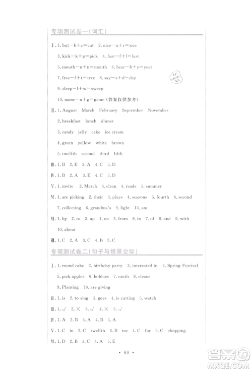 北京教育出版社2021提分教练优学导练测试卷六年级英语上册人教精通版参考答案