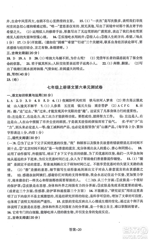 浙江少年儿童出版社2021每课一练七年级语文上册R人教版答案