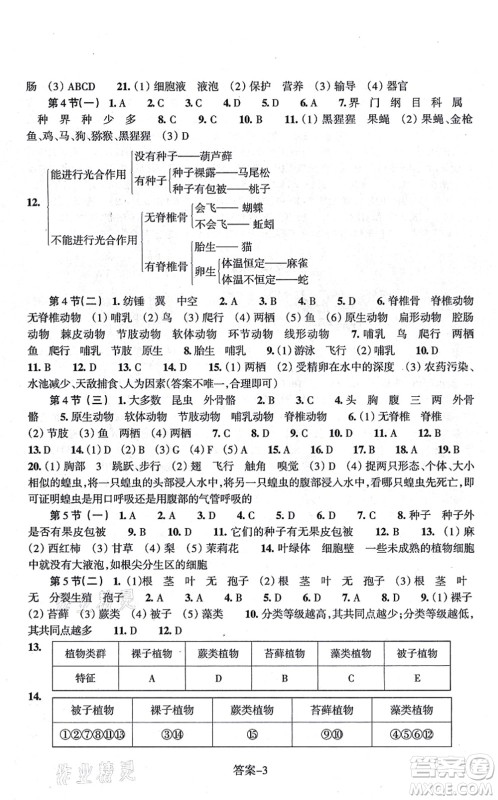 浙江少年儿童出版社2021每课一练七年级科学上册ZH浙教版答案