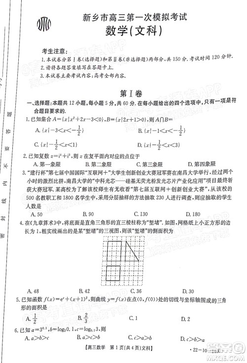 2022届新乡市高三第一次模拟考试文科数学试题及答案