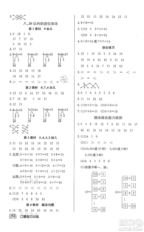 湖北科学技术出版社2021小学数学口算能力训练一年级上册人教版答案