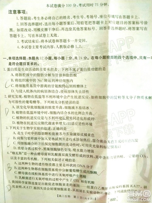 2022届湖南金太阳高三11月联考生物试题及答案 2022届湖南金太阳高三11月联考生物试题及答案