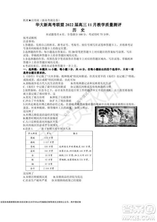 华大新高考联盟2022届高三11月教学质量测评历史试题及答案 华大新高考联盟2022届高三11月教学质量测评历史试题及答案