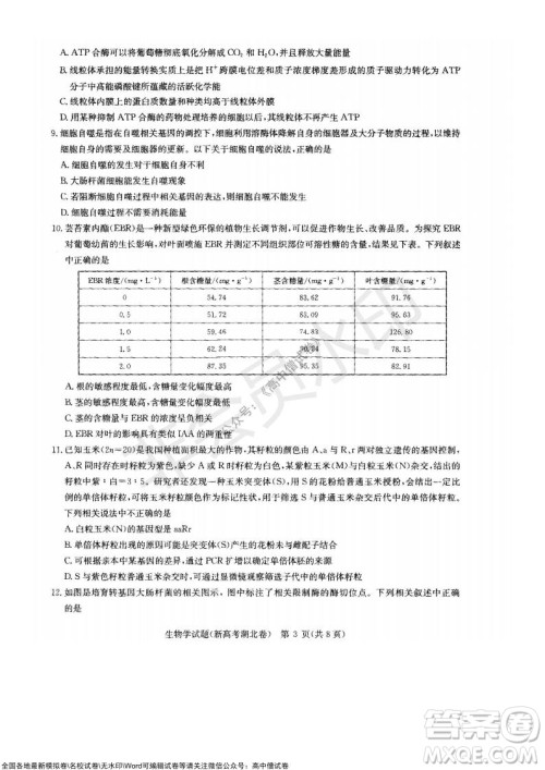 华大新高考联盟2022届高三11月教学质量测评生物试题及答案