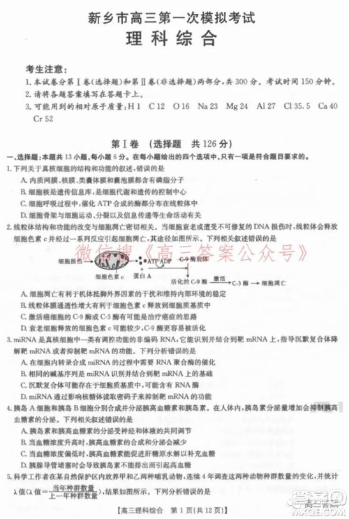 2022届新乡市高三第一次模拟考试理科综合试题及答案 2022届新乡市高三第一次模拟考试理科综合试题及答案