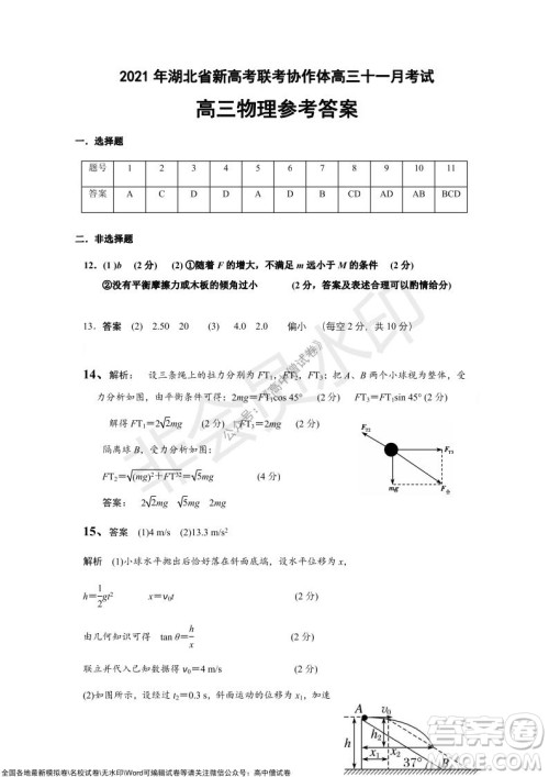 2021年湖北省新高考协作体高三年级十一月考试物理试题及答案