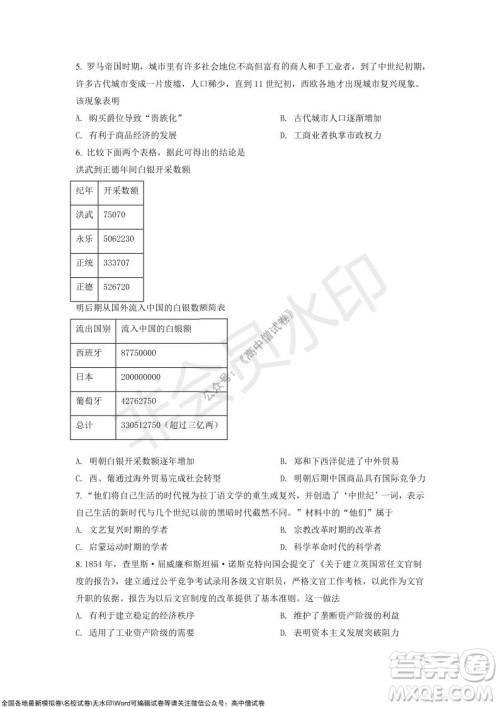 山东青岛2021-2022学年度第一学期教学质量检测高三历史试题及答案