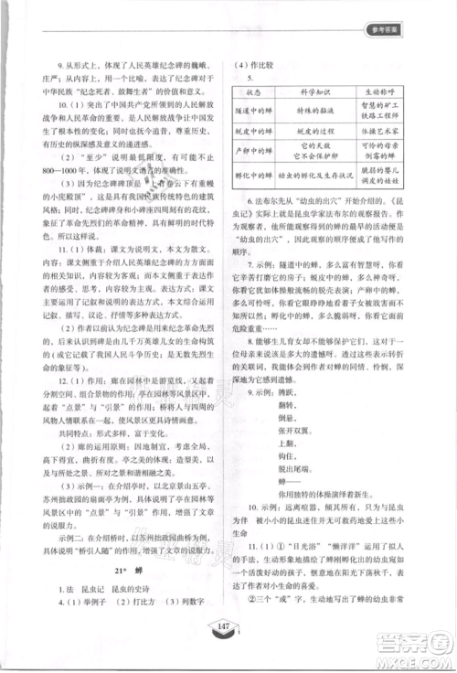 山东教育出版社2021初中同步练习册五四制八年级语文上册人教版参考答案