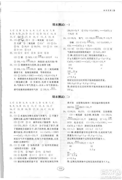 山东科学技术出版社2021初中同步练习册九年级化学上册鲁教版参考答案 山东科学技术出版社2021初中同步练习册九年级化学上册鲁教版参考答案