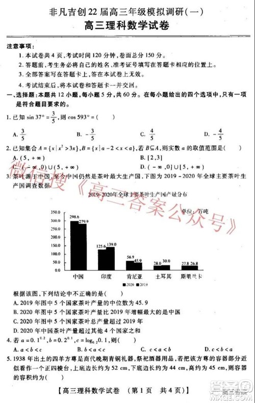 非凡吉创22届高三年级模拟调研一高三理科数学试题及答案