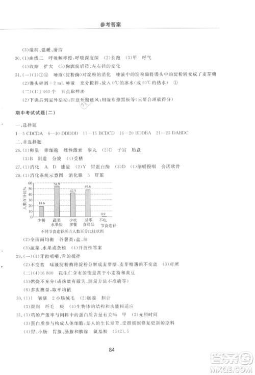 明天出版社2021初中同步练习册配套检测卷五四学制七年级生物上册鲁科版参考答案
