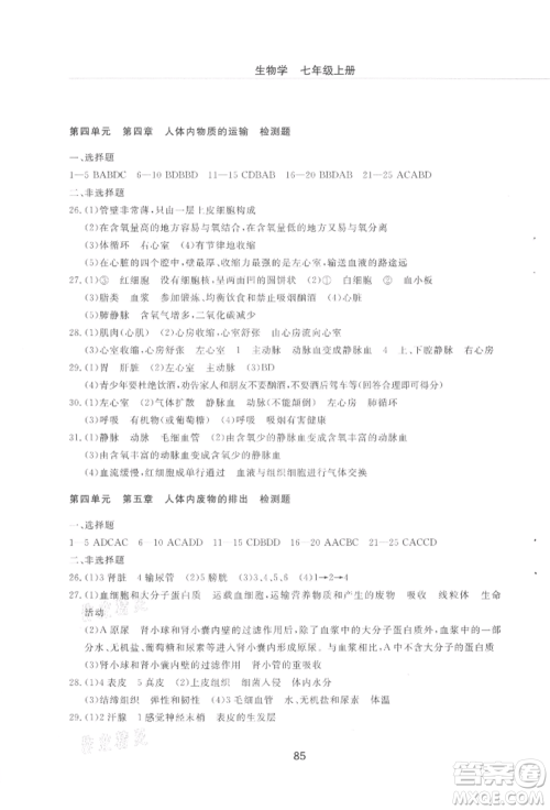 明天出版社2021初中同步练习册配套检测卷五四学制七年级生物上册鲁科版参考答案