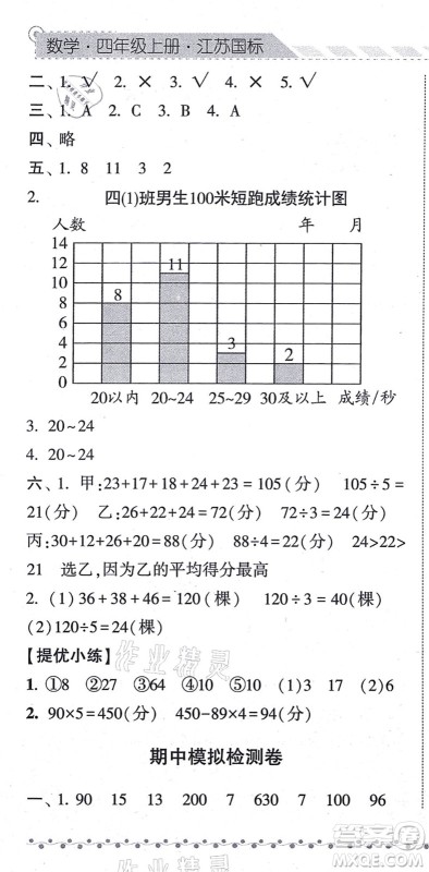 宁夏人民教育出版社2021经纶学典课时作业四年级数学上册江苏国标版答案
