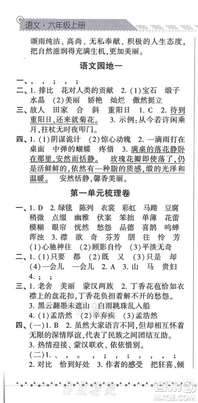 宁夏人民教育出版社2021经纶学典课时作业六年级语文上册RJ人教版答案