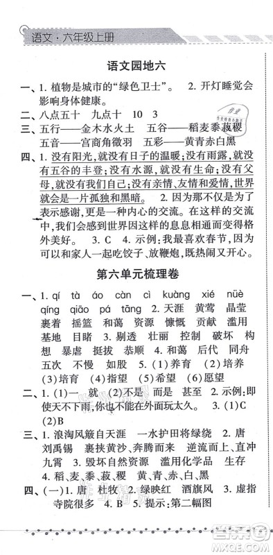 宁夏人民教育出版社2021经纶学典课时作业六年级语文上册RJ人教版答案