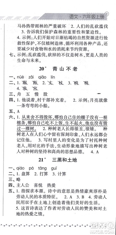 宁夏人民教育出版社2021经纶学典课时作业六年级语文上册RJ人教版答案