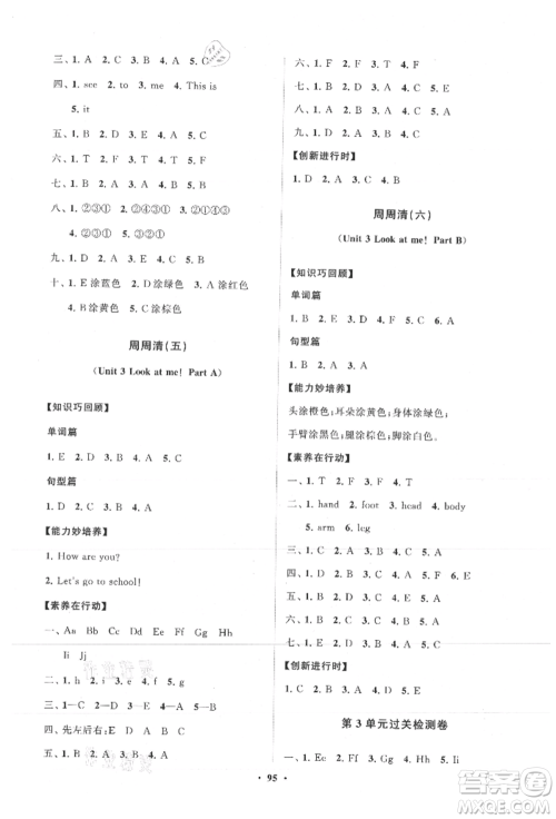山东教育出版社2021小学同步练习册分层卷三年级英语上册人教版参考答案