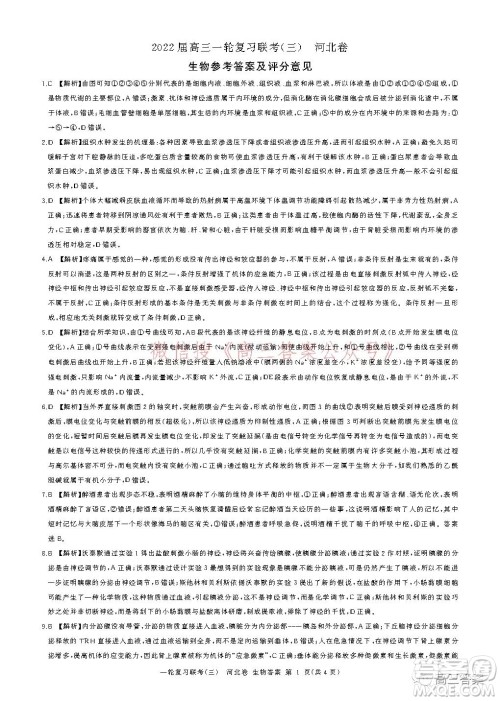 百师联盟2022届高三一轮复习联考三河北卷生物试题及答案
