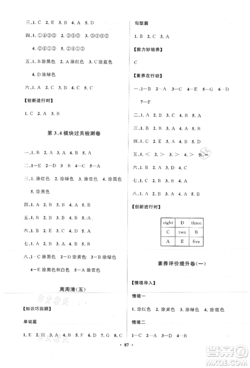 山东教育出版社2021小学同步练习册分层卷三年级英语上册外研版参考答案