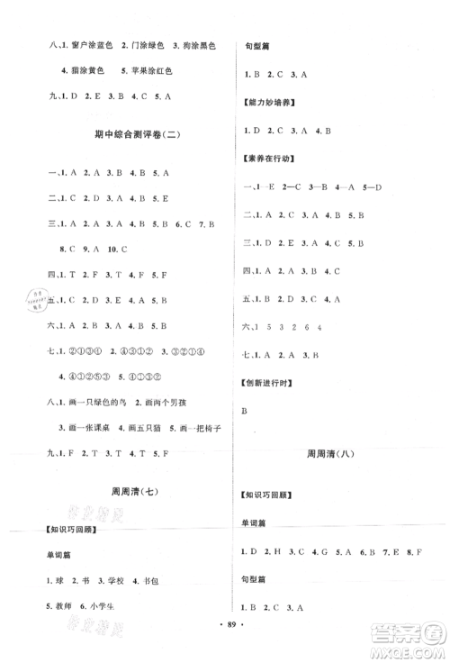 山东教育出版社2021小学同步练习册分层卷三年级英语上册外研版参考答案