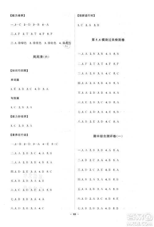 山东教育出版社2021小学同步练习册分层卷三年级英语上册外研版参考答案