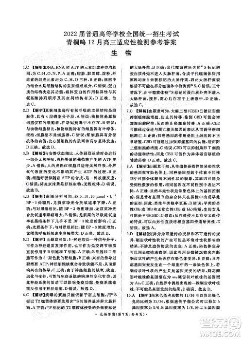 2022届普通高等学校全国统一招生考试青桐鸣12月高三适应性检测生物试题及答案 2022届普通高等学校全国统一招生考试青桐鸣12月高三适应性检测生物试题及答案