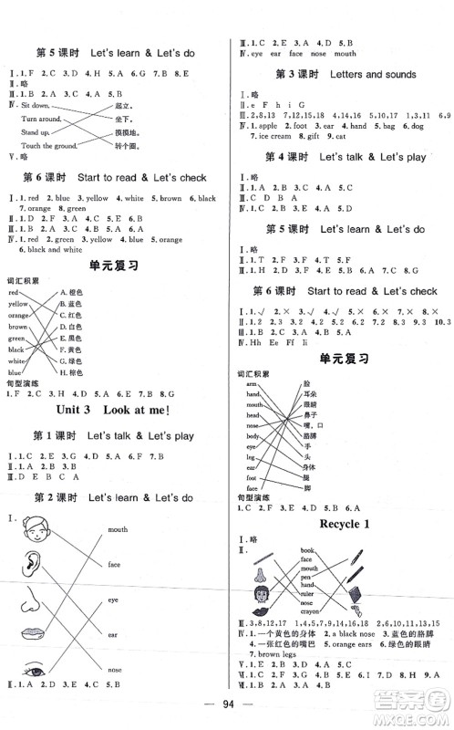 安徽人民出版社2021简易通小学同步导学练三年级英语上册RJ人教版答案