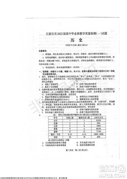 石家庄市2022届高中毕业班教学质量检测一高三历史试题及答案