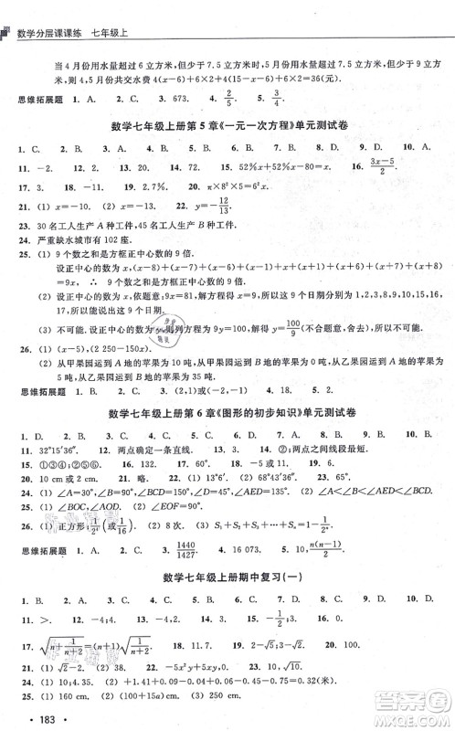 浙江教育出版社2021分层课课练七年级数学上册ZH浙教版答案