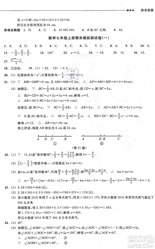 浙江教育出版社2021分层课课练七年级数学上册ZH浙教版答案