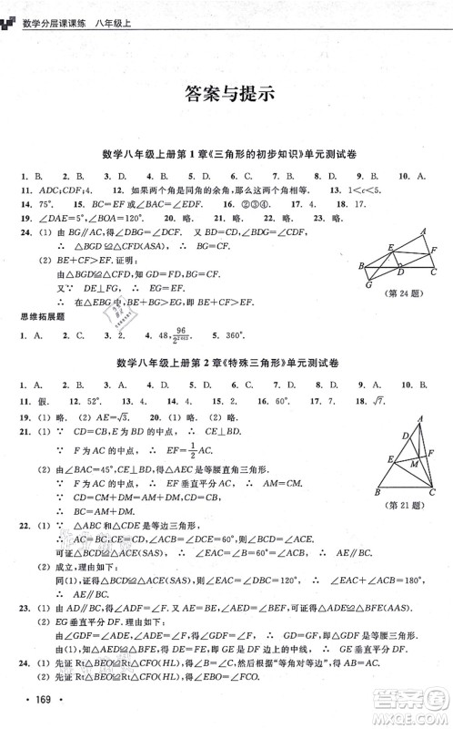 浙江教育出版社2021分层课课练八年级数学上册ZH浙教版答案